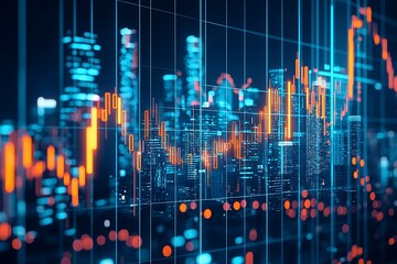 Poster - Night cityscape overlaid with dynamic financial data visualizations.