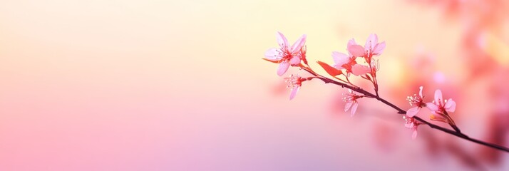 Poster - Cherry tree branch blossoming with delicate pink flowers, illuminated by warm sunlight, creating a serene springtime scene with a soft, dreamy background