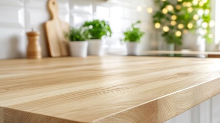 Kitchen counter, wood surface, herbs, lights