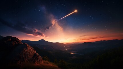 Majestic Nightfall: A Shooting Star Over Serene Mountains