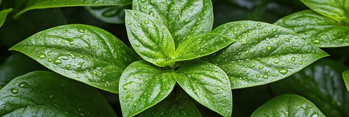 Wall Mural - Lush Green Leaves Close-Up of Dew Drops on Vibrant Foliage, Perfect for Nature Photography