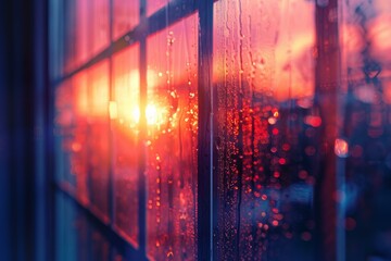 Poster - Condensation on window glass creates beautiful bokeh effect with setting sun in background