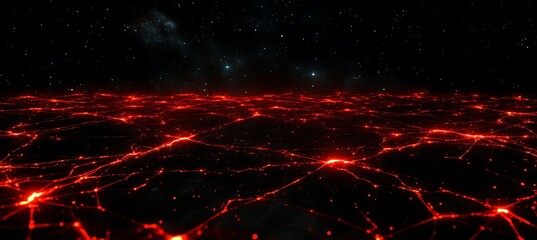 Poster - Glowing Red Network on a Dark, Starry Landscape