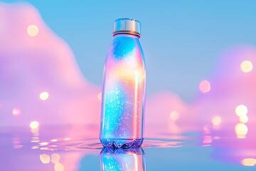 Poster - iridescent water bottle with sparkles, floating on pastel water surface.