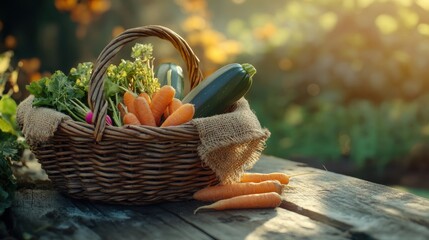 Wall Mural - Basket of fresh vegetables with carrots and zucchini in garden setting