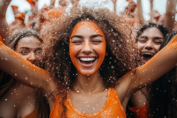 A joyful group of friends celebrating at a festival, covered in vibrant colors, showcasing unity and happiness in a lively atmosphere.