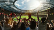 © master1305 - Emotional soccer fans. Enthusiastic supporters cheering with scarves and arms raised at massive stadium. Passion of the game. Concept of sport, emotions, competition, tournament.