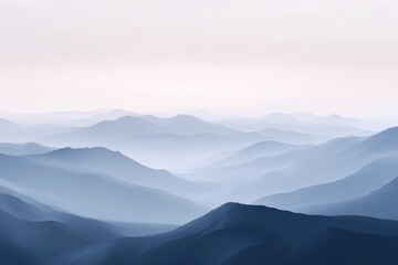 serene blue mountain range landscape in misty haze.