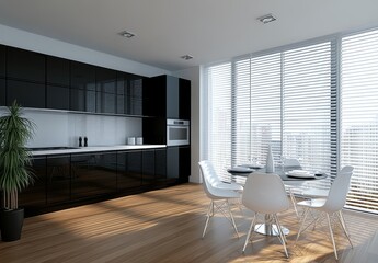 Wall Mural - Modern kitchen with black cabinets, white chairs, and city view.