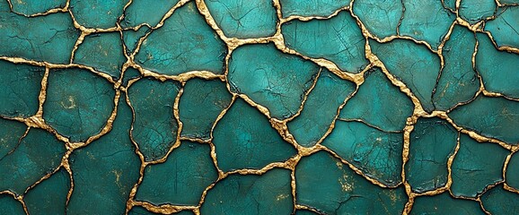 Poster - Teal and gold cracked stone texture.