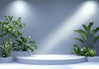 Wall Mural - Minimalist studio scene with plants and round platform.