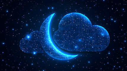 Poster - night sky, circuit cloud, crescent moon, digital technology concept