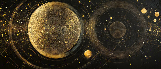 Poster - Glittering circular patterns with particles on a black background create dynamic visual textures