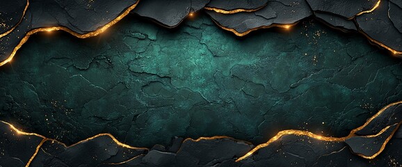 Poster - Dark teal textured background framed by cracked black stone with gold inlay.