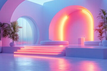 Leinwandbilder - A modern, aesthetically pleasing interior space featuring soft neon lights, arches, and plants. Perfect for showcasing contemporary design and ambiance.