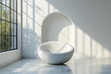 Aufkleber - A modern, minimalist seating area featuring a round white chair against a backdrop of large windows and soft afternoon light, creating a serene ambiance.