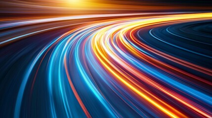 Poster - Burst of Blue Light Rays Accelerating Along Curved Path at Sunset