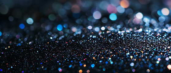 Poster - Dynamic glitter texture with sharp particles on a deep black background enhancing visual appeal