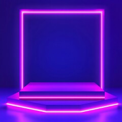 Poster - Neon-lit purple platform with geometric base and square frame.