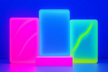 Poster - Vibrant Neon Rectangular Display Platforms on Blue Background