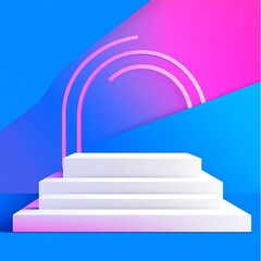 Poster - Three-tiered white platform against a vibrant blue and pink background with neon arches.