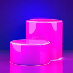 Poster - Two Glossy Pink Cylindrical Platforms on a Vibrant Blue Background
