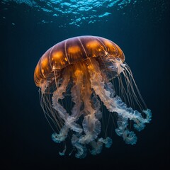 A jellyfish softly illuminated from below, casting a mystical glow in a dark abyss.