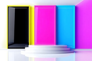 Poster - Abstract Minimalist Stage with Vibrant CMYK Panels and White Pedestal