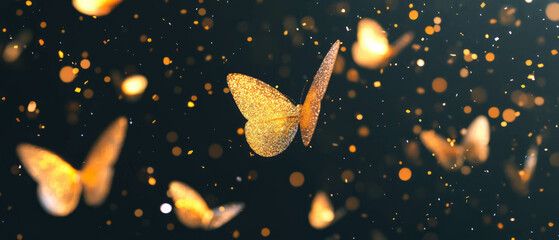 Poster - Golden confetti rain creates a shimmering atmosphere on a black background