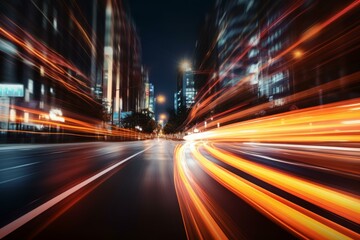 Poster - Fast cars driving on a road at night in a modern city with light trails and skyscrapers