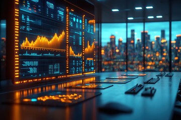 Poster - A modern office workspace featuring advanced data analysis screens, showcasing vibrant graphs and city skyline views during twilight hours.