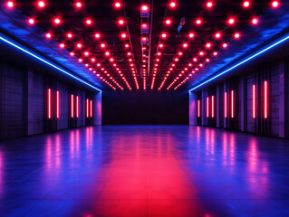 Poster - A futuristic, empty dark hall with red and blue LED lights serves as a modern neon room background, evoking concept of a studio, game, show, building, industry, and future