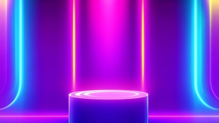 Poster - Abstract Neon Background with Illuminated Cylinder Pedestal