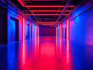 Poster - A futuristic, empty dark hall with red and blue LED lights serves as a modern neon room background, evoking concept of a studio, game, show, building, industry, and future