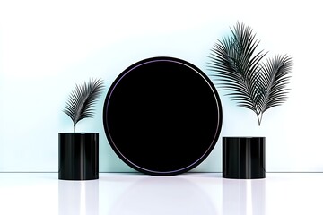 Poster - minimalist product display with black cylinders and palm leaves.