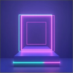 Poster - Neon Light Display with Double Square Frame on Purple Platform