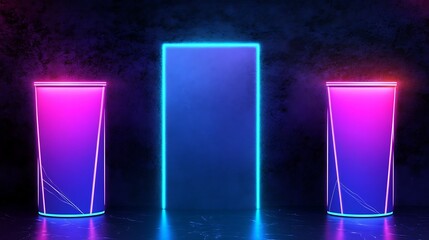Poster - Neon-lit Portal Flanked by Illuminated Cylinders in a Dark Room