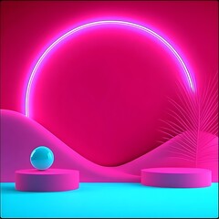 Poster - abstract neon pink and cyan scene with cylinders, sphere, and palm leaf