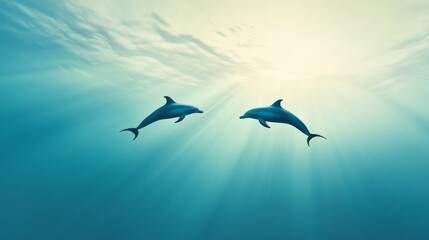 Poster - Two dolphins are swimming underwater in a tranquil ocean, illuminated by sunbeams filtering through the surface, creating a serene and captivating underwater scene