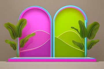 Poster - Abstract Display with Pink and Green Arched Panels and Tropical Leaves
