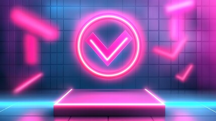 Poster - Neon Pink Checkmark in Circle on Platform with Blue and Pink Lighting