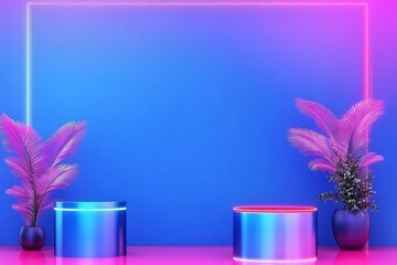 Poster - Neon-lit iridescent display podium with pink plants and blue background.
