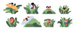 © Vectorcreator - People hiding in bushes. Guys and girls watching from shelter, spying, surveillance and peeping, curious characters watching, vector set