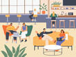 © Vectorcreator - People in coworking. Modern cafeteria interior, freelancers work in common room, various remote areas of activity, vector illustration