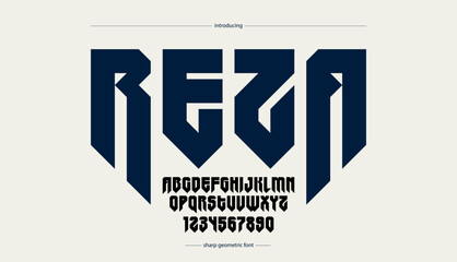 Fototapete - Sharp and bold gothic font for logo creation of for headlines, edgy geometric modern vector typeface, heavy metal and hard rock style alphabet with numbers.