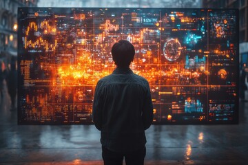 Poster - A person gazes at a futuristic digital display showcasing vibrant data visuals and interactivity, symbolizing innovation and the tech landscape.