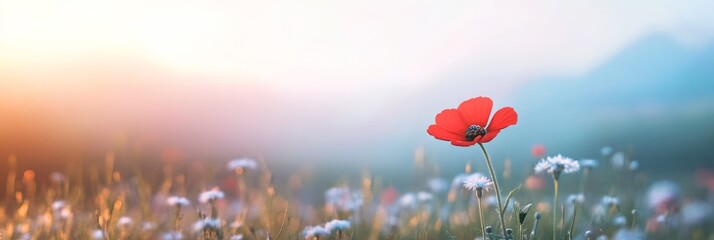 Poster - Red poppy flower blooming in a wildflower meadow with a warm sunset light and a soft bokeh effect in the background, creating a peaceful and beautiful natural scene