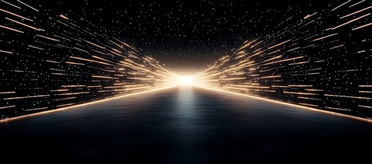 Poster - Glowing Golden Lines Converging in a Dark, Starry Tunnel