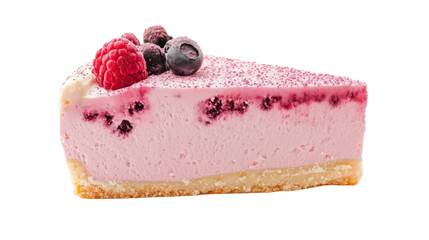 Wall Mural - Delicious slice of pink raspberry and blueberry cheesecake on transparent background