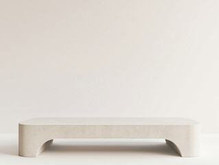 Poster - empty pedestal or long podium display against a white backdrop, serving as a blank product shelf wit